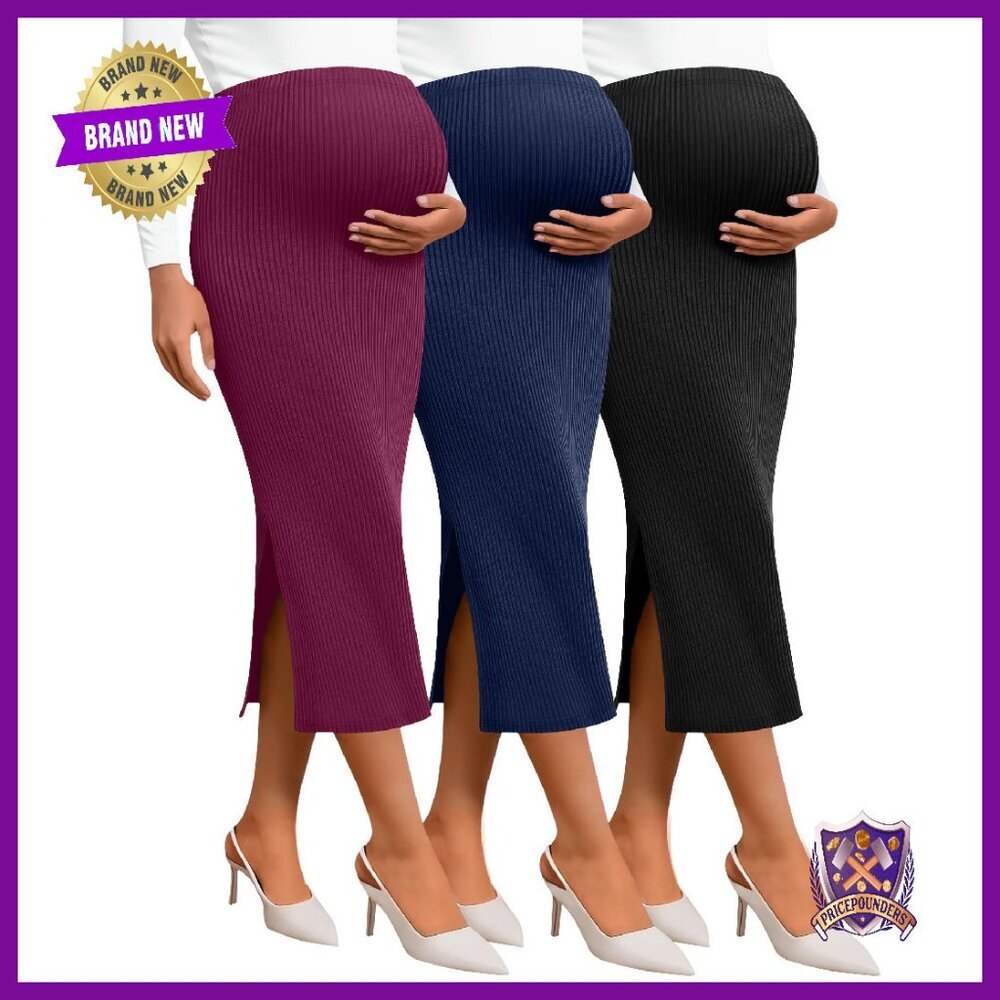 3 Pack Maternity Skirts High Waist Ribbed Knit Stretchy Pencil Long